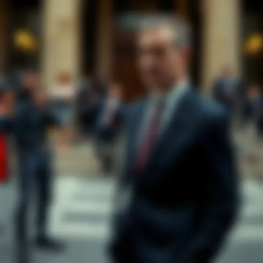 A businessman in a suit stands outside a courthouse, looking distressed as news reporters gather around him after his conviction for a Ponzi scheme.