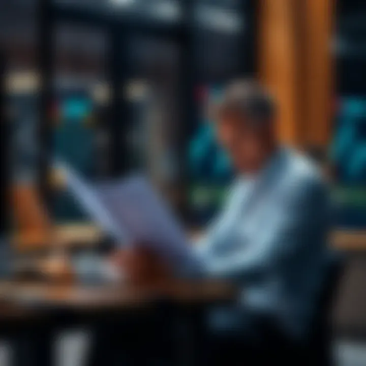 A businessman sitting at a desk with a laptop, looking at a document about DUNS numbers, focused on how to request it through the Apple program.
