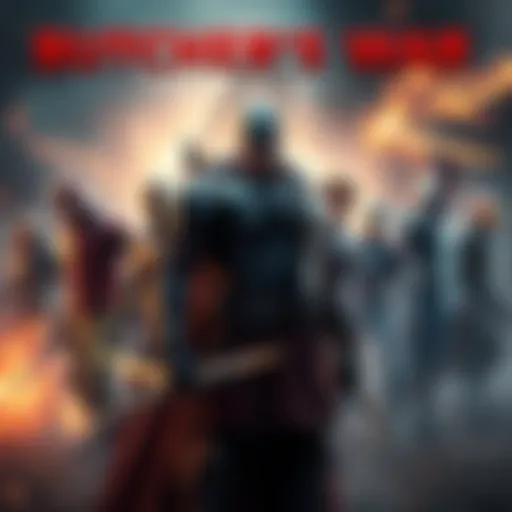 Butcher stands determined against the Avengers, ready for battle, with a diverse group of villains behind him, showcasing tension and a looming conflict.