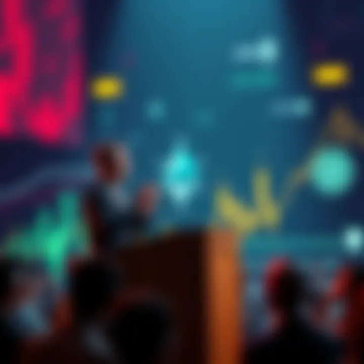 Vitalik Buterin stands at a podium, sharing his proposal for a major Ethereum upgrade with a crowd of interested people, showcasing graphics of blockchain technology in the background.