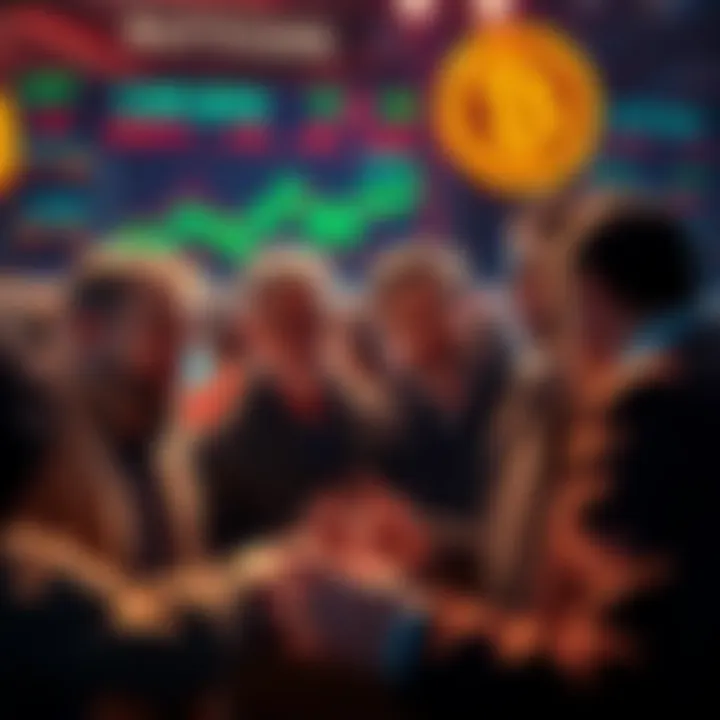 Group of people looking at charts and discussing Buttcoin prices with concerned expressions