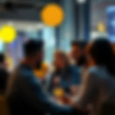 A group of people discussing their experiences with Buttcoin in a casual setting, sharing news and reflections.