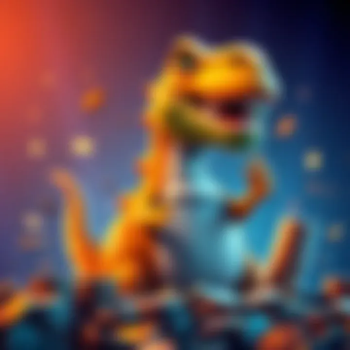 A cartoon dinosaur representing Buttcoinosaurus encouraging financial investment with coins around it