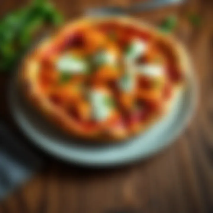 A delicious butter chicken pizza topped with creamy sauce and herbs on a rustic wooden table