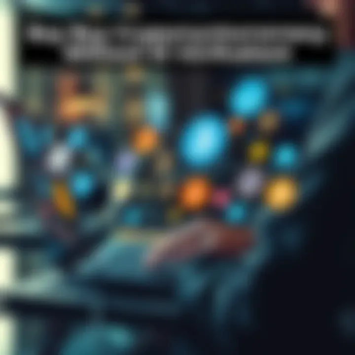A person using a laptop to purchase cryptocurrency without ID verification, with symbols of various cryptocurrencies displayed on the screen.