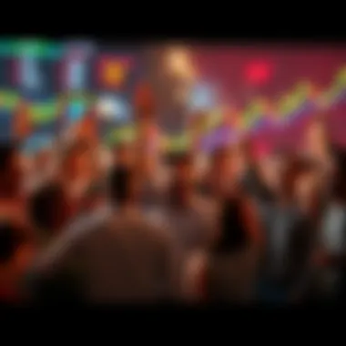 A group of diverse people celebrating a stock price increase with charts and graphs in the background, symbolizing optimism for reaching 100k by year-end.