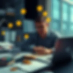 A business owner on a laptop, exploring options to buy USDC with an LLC bank account, surrounded by financial documents and crypto symbols.