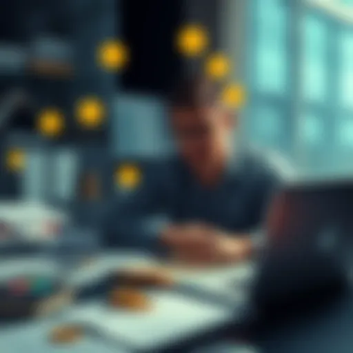 A business owner on a laptop, exploring options to buy USDC with an LLC bank account, surrounded by financial documents and crypto symbols.