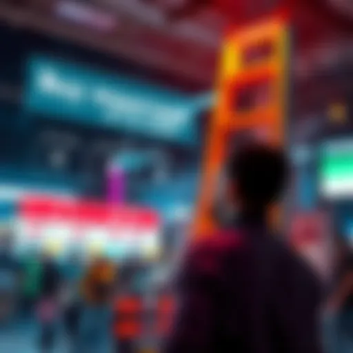 A person looking at a digital display showing buy parcal options and their availability on a ladder