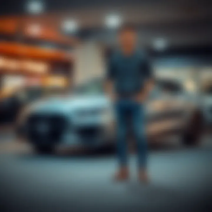 Buyer with New Car A proud buyer stands next to their new car, showcasing their purchase made with cryptocurrency earnings.