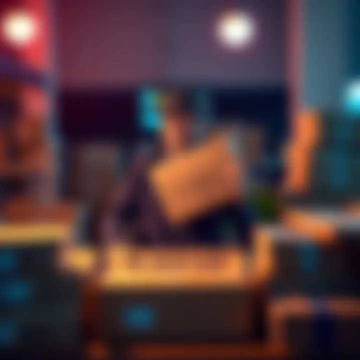 A person smiles while holding a parcel, surrounded by multiple parcels stacked on a table, reflecting on their recent purchases.