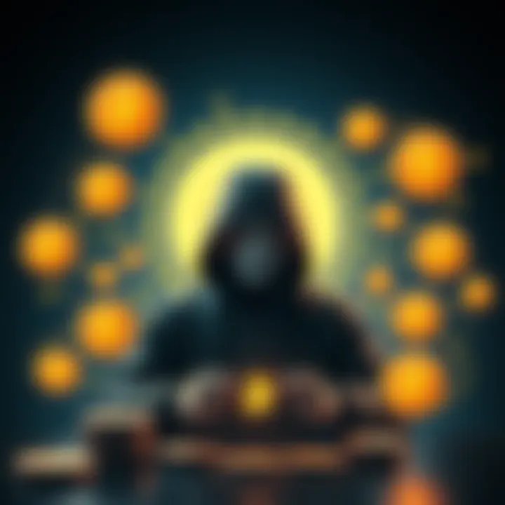 A person buying Bitcoin without revealing their identity, surrounded by digital currency symbols and privacy icons.