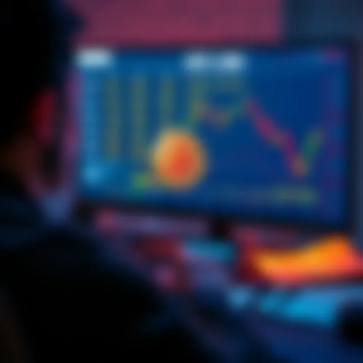 A person looking at a computer screen showing Bitcoin prices in Euro, with a calculator and notes beside them.