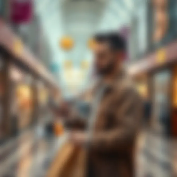 A shopper using a digital device to buy Bitcoin in a bustling Krakow shopping center during lunch hour.