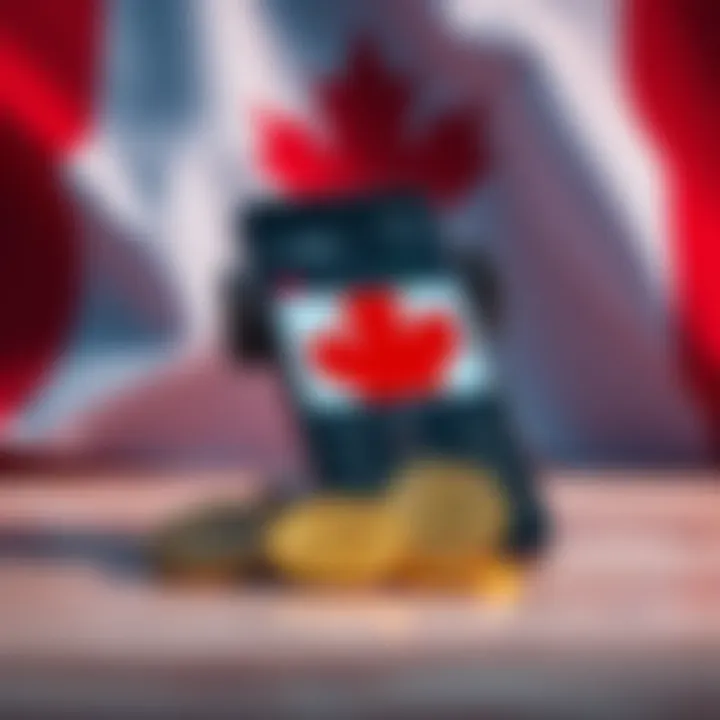 A Canadian flag alongside a smartphone displaying a cryptocurrency exchange app showing BNB and BTC trading options.