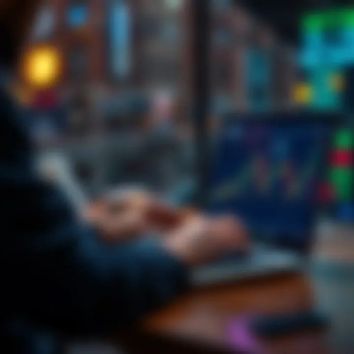 A person using a laptop to buy cryptocurrency on the Bybit platform, with charts and digital coins on the screen.