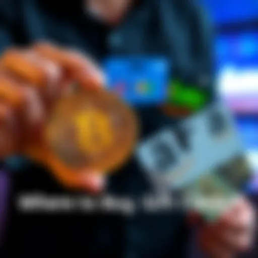 A person holding a Bitcoin symbol next to various gift cards including Apple, eBay, and Amazon