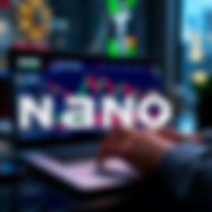 A person using a laptop to buy Nano cryptocurrency on a trading platform with financial charts displayed.