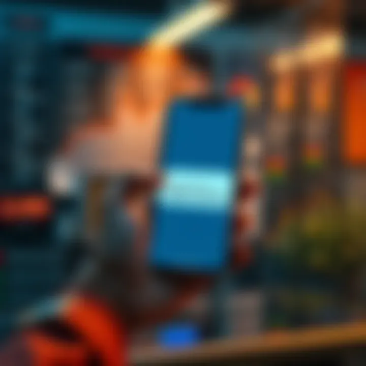 A person holding a phone with a message about purchasing outlier accounts on a user board.