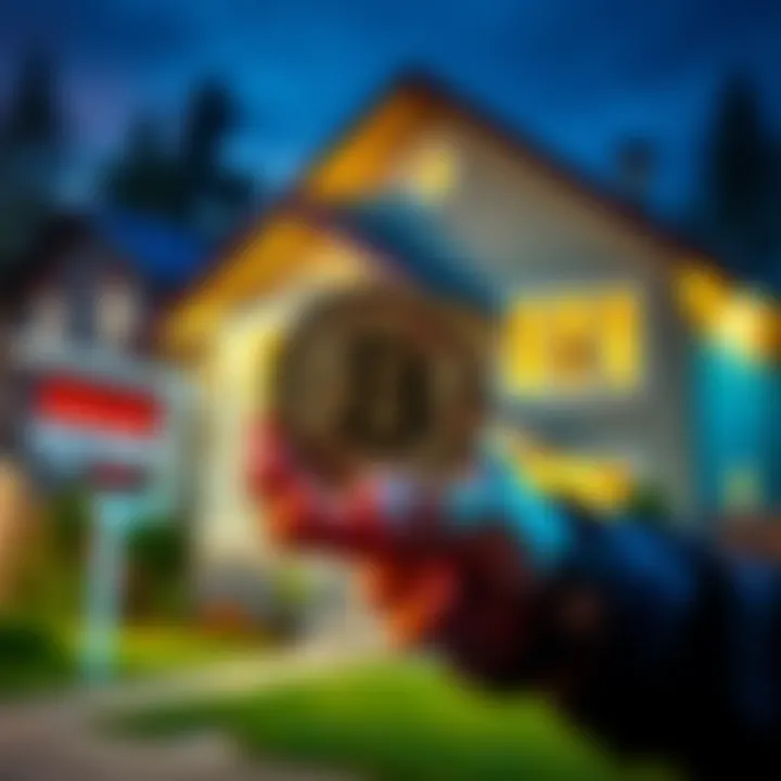 A person holding a Bitcoin symbol in front of a house for sale, showcasing the concept of using cryptocurrency for real estate purchases.