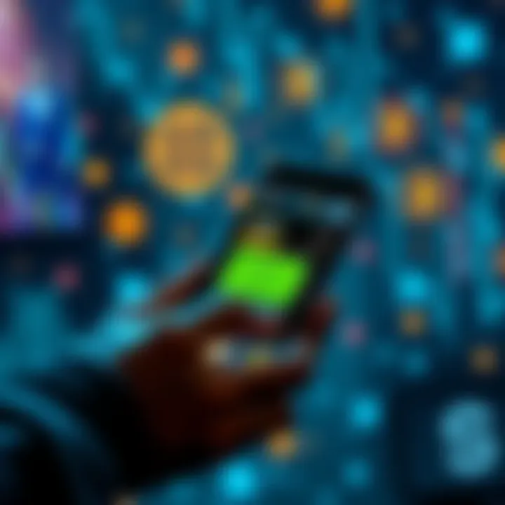 A person purchasing TRX using a smartphone with digital currency icons in the background