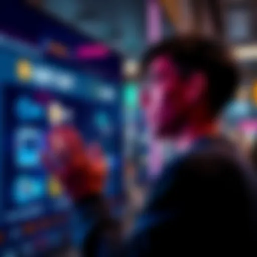 A person looking at a digital screen, considering options to buy USDT or USDC with different wallet choices visible