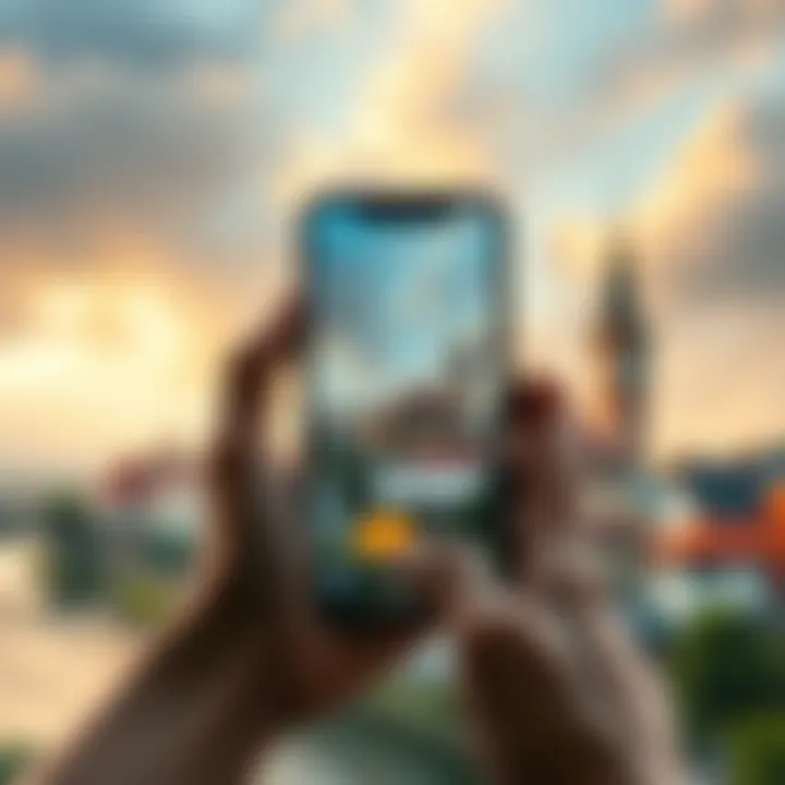 A person holding a smartphone displaying XRP wallet with a scenic view of Germany in the background