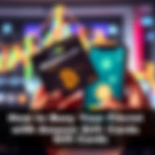 A person holding an Amazon gift card and smartphone with Bitcoin graphics on the screen