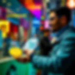 A person exchanging cash for Bitcoin in a London setting, showcasing a cash transaction without KYC requirements.