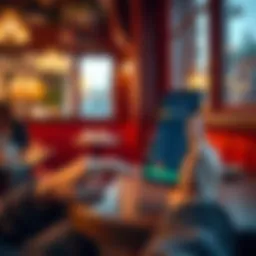 A person using a smartphone to buy Bitcoin while sitting at a cafe in the UK, showing a screen with cryptocurrency exchange information.