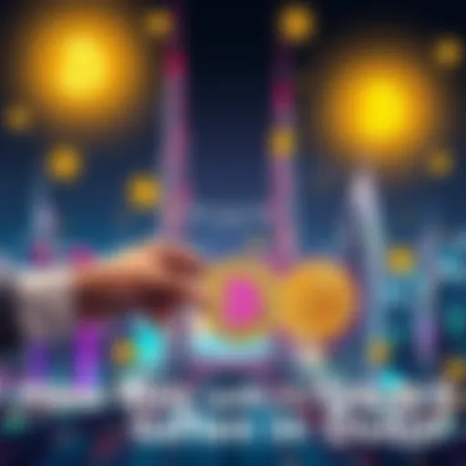 A person exchanging USDT for Bitcoin in a Dubai setting, surrounded by crypto symbols and the city skyline