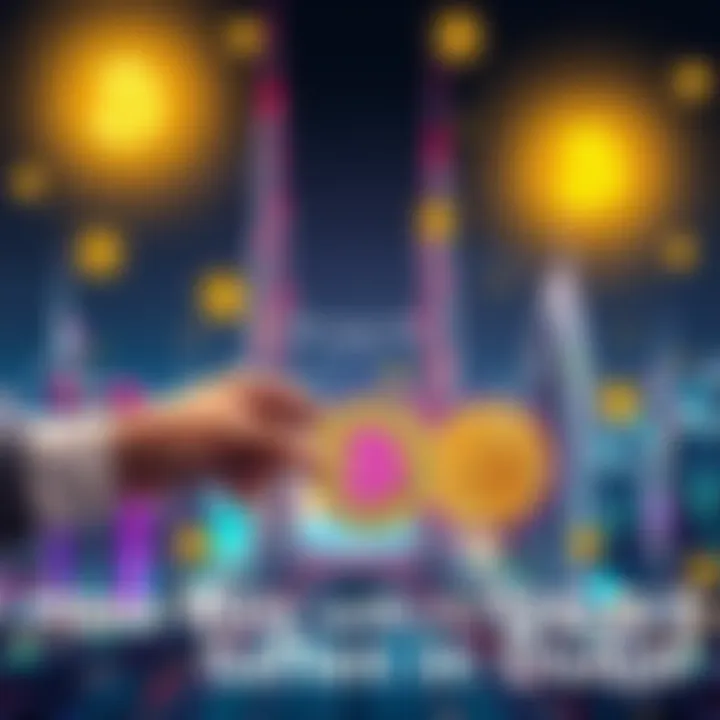 A person exchanging USDT for Bitcoin in a Dubai setting, surrounded by crypto symbols and the city skyline