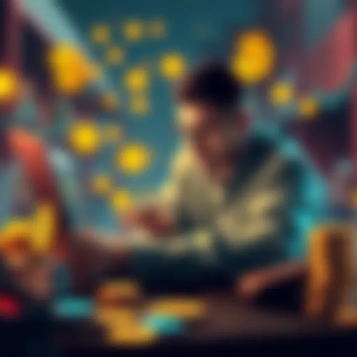 A person purchasing bitcoins on a laptop, surrounded by cryptocurrency symbols and a secure wallet