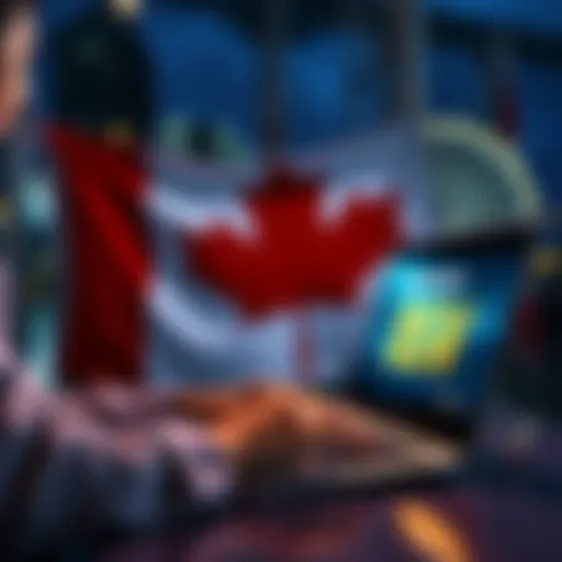 Buying BSV in Canada A person using a laptop to buy BSV cryptocurrency in Canada with a Canadian flag in the background