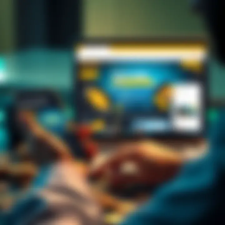 A person considering buying cryptocurrency with Atomic Wallet, showing a smartphone displaying the Atomic Wallet interface and a laptop with Binance website open. Coins are scattered around them.