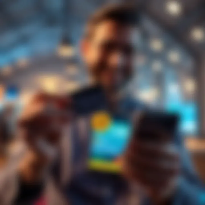 A person holding a credit card and looking happy while viewing a Bitcoin purchase on a smartphone.