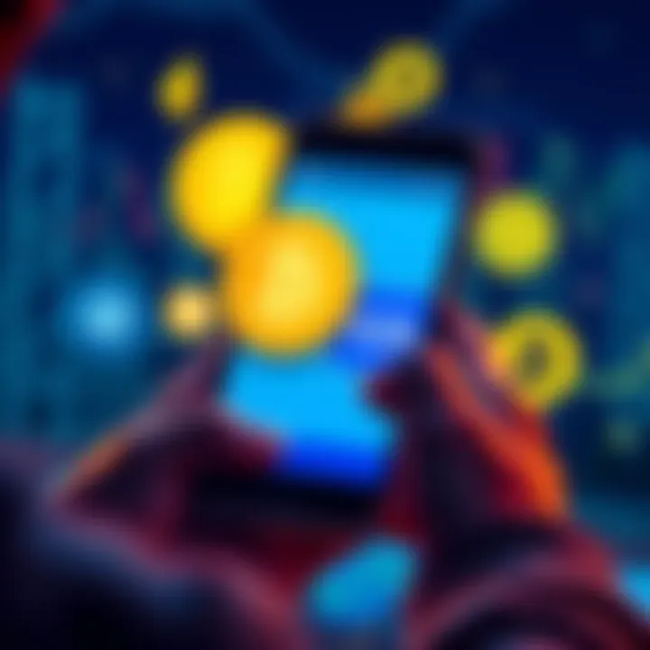 Buying Crypto with Low Minimums A person using a smartphone to buy cryptocurrency online, displaying โฌ20 on the screen, with various crypto logos around them.