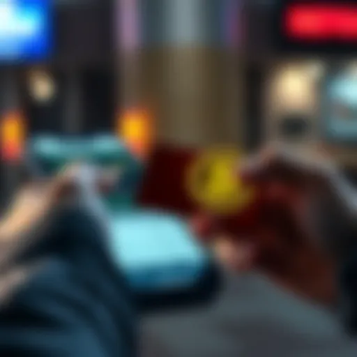 A person holding a debit or credit card next to a smartphone displaying cryptocurrency options