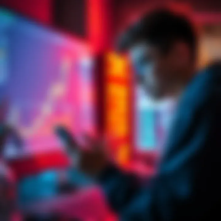 A teenager looking at a computer screen displaying cryptocurrency charts and graphs while holding a smartphone.