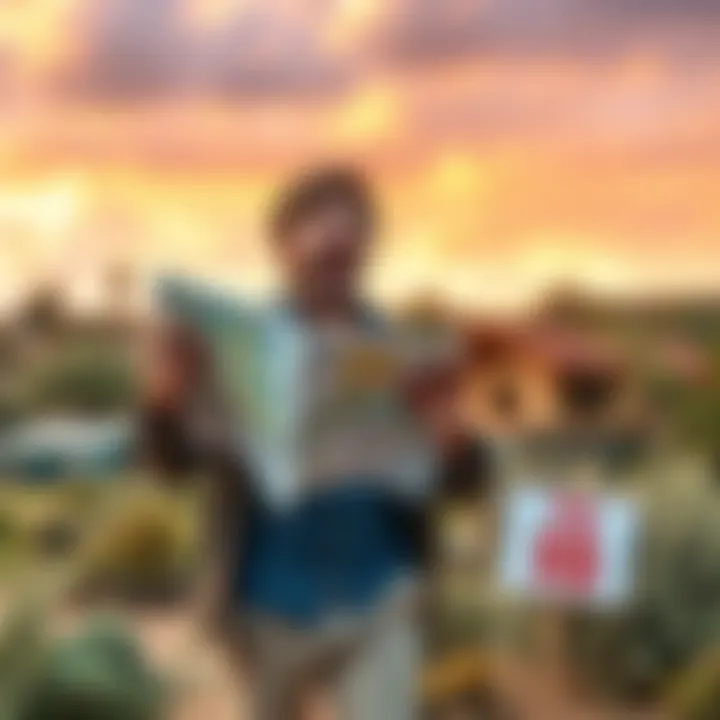 A person holding a map and looking excited while standing on a small piece of land, with a sign indicating it's for sale at $5.