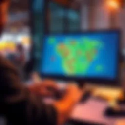 A person using a computer to purchase multiple land parcels at once, showing a map with various highlighted plots