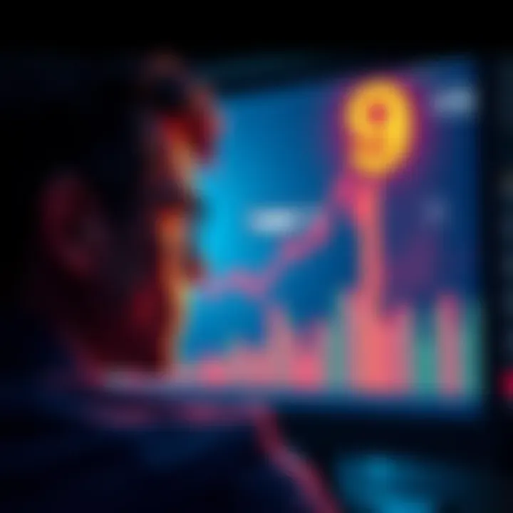 A person looking at a stock chart showing a rise from 8 to 9 cents, contemplating a buying decision, with a sense of urgency in the atmosphere.