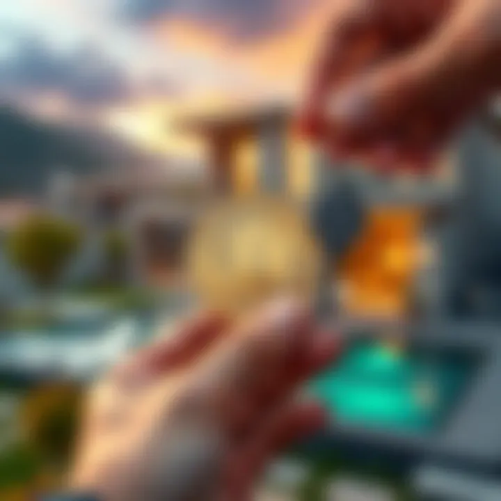 A person holding a Bitcoin in one hand and a house key in the other, with a backdrop of a modern home in Montenegro.