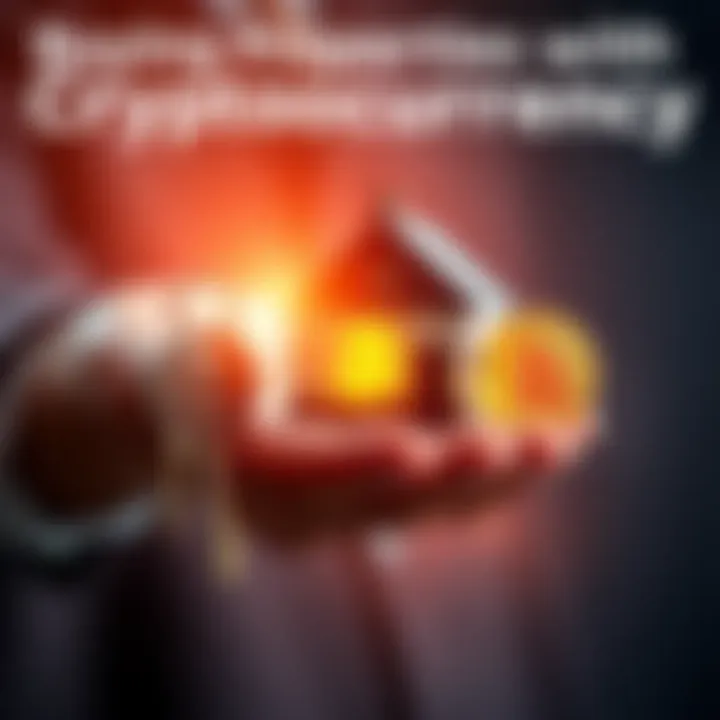 A person holding a house key and a bitcoin symbol, representing real estate transactions with cryptocurrency.