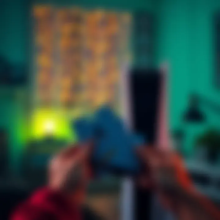 A person holding Doordash gift cards and a PS5 console in a home setting