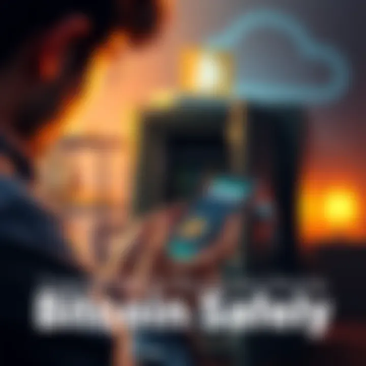 Buying and Storing Bitcoin A person using a smartphone to buy Bitcoin, with a safe and Trezor wallet in the background