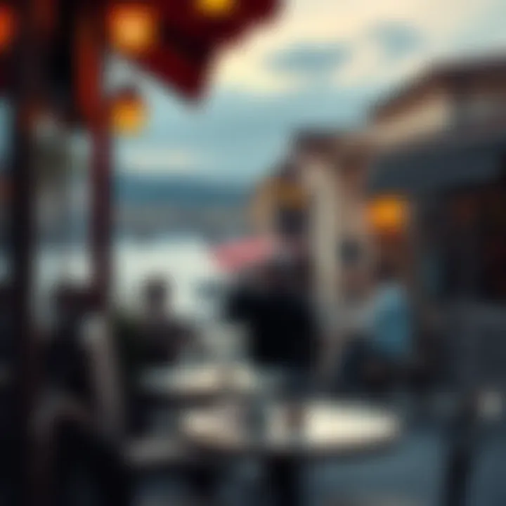 A cozy cafe at the Arno River in Florence, with people enjoying coffee and views of the river.