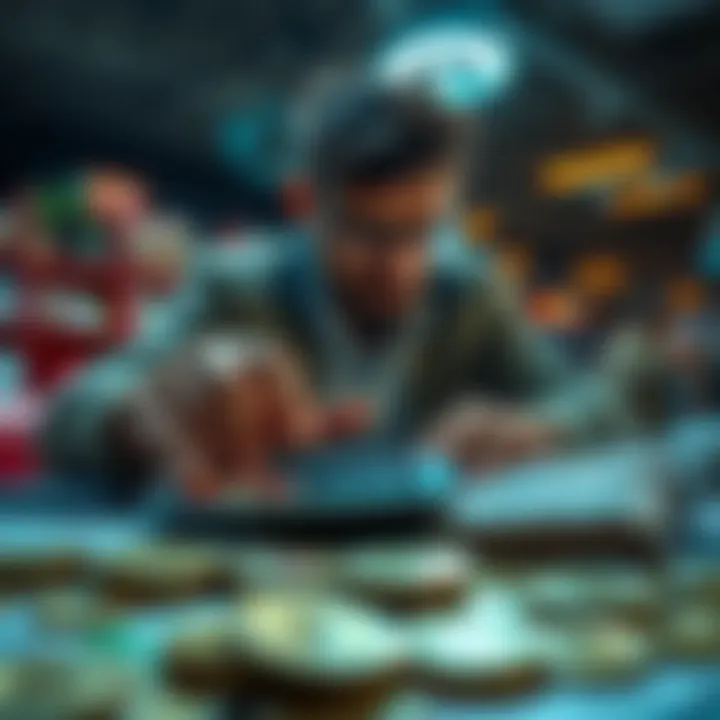 Calculating Daily Earnings A person analyzing badges and parcels to achieve one dollar in daily earnings, with dollar signs and parcels visible on a table.