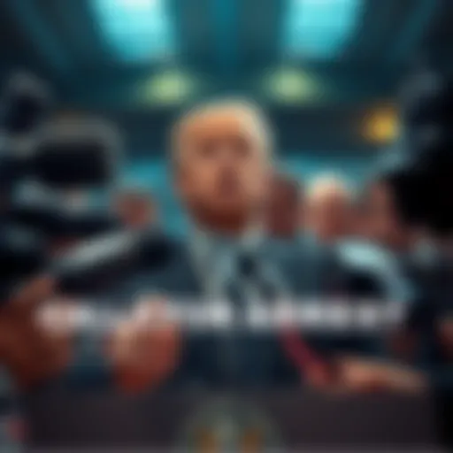 A prominent figure speaking passionately at a podium, surrounded by reporters and cameras, highlighting a serious call for action.