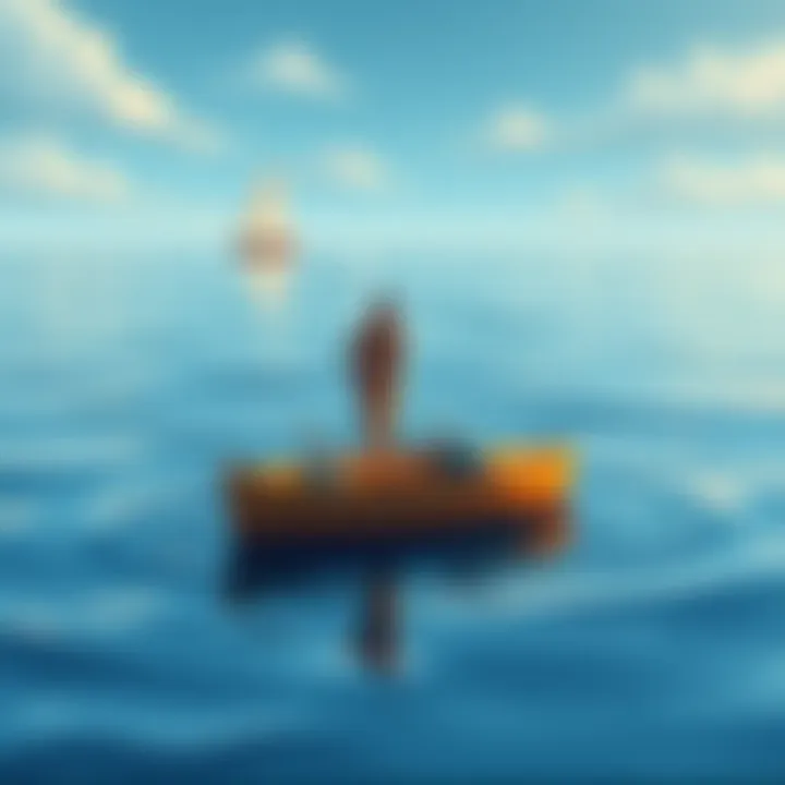 A digital illustration showing a calm sea with a small boat, symbolizing the quiet phase in DeFi trading. The boat is equipped with tools representing risk management and investment strategies.